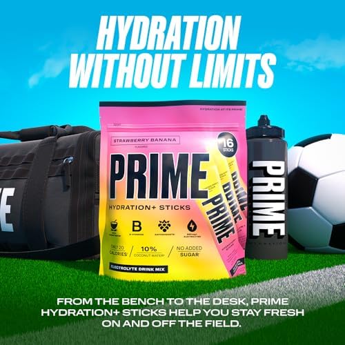 PRIME HYDRATION+ Sticks Strawberry Banana | Hydration Powder Single Serve Sticks | Electrolyte Powder On The Go | Low Sugar | Caffeine-Free | Vegan | 16 Sticks