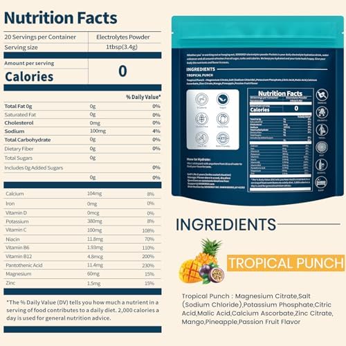 Electrolytes Powder Packets Sugar Free Hydration Packets, 7 Flavors Liquid Daily IV Electrolyte Drink Mixes for Rehydration with Electrolytes, Vitamins, 0 Calorie, 20 Sticks