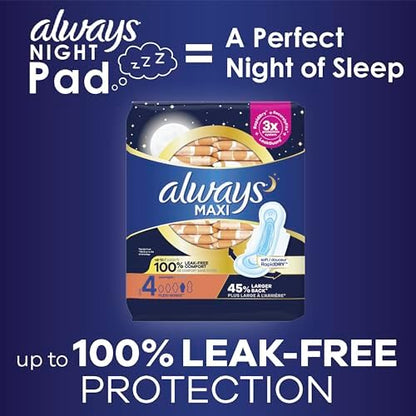 Always Maxi Overnight Pads with Wings for Women, Size 4, Overnight Absorbency, Unscented, 33 Count