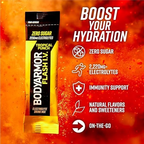 BODYARMOR Flash IV Electrolyte Packets, Strawberry Kiwi - Zero Sugar Drink Mix, Single Serve Packs, Coconut Water Powder (6 Count)