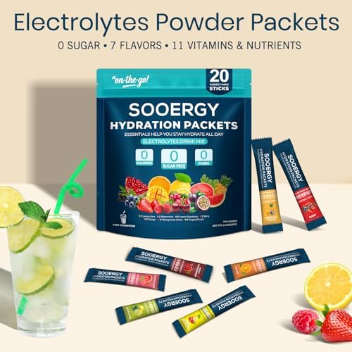 Electrolytes Powder Packets Sugar Free Hydration Packets, 7 Flavors Liquid Daily IV Electrolyte Drink Mixes for Rehydration with Electrolytes, Vitamins, 0 Calorie, 20 Sticks