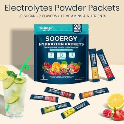 Electrolytes Powder Packets Sugar Free Hydration Packets, 7 Flavors Liquid Daily IV Electrolyte Drink Mixes for Rehydration with Electrolytes, Vitamins, 0 Calorie, 20 Sticks