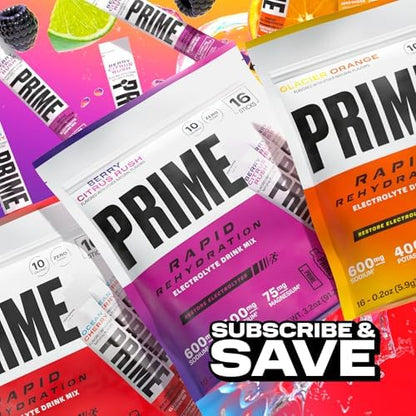 Prime Rapid Rehydration Electrolyte Powder Sticks, Berry Citrus Rush, Sugar Free Hydration Drink Mix with Sodium, Potassium &amp; B Vitamins, Caffeine Free, 16 Count
