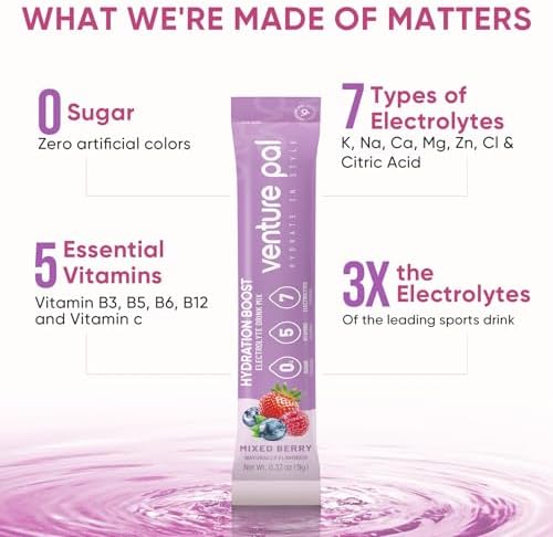 Venture Pal Sugar Free Electrolyte Powder Packets - Liquid Daily IV Hydration Packets | Electrolytes Drink Mix with 5 Vitamins &amp; 7 Electrolytes | Keto Friendly | Non-GMO | Certified Vegan | 16 Sticks