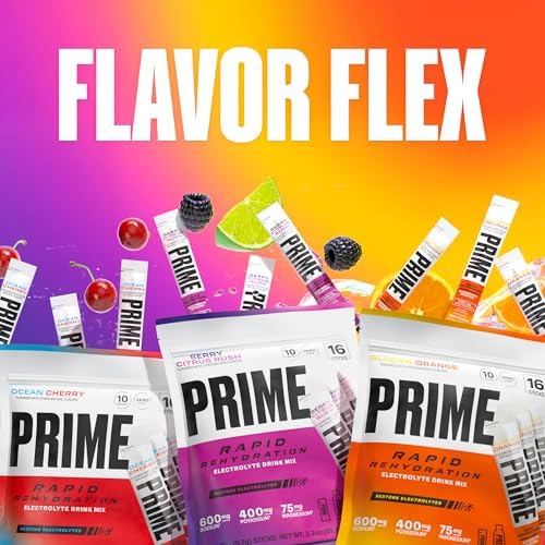 Prime Rapid Rehydration Electrolyte Powder Sticks, Berry Citrus Rush, Sugar Free Hydration Drink Mix with Sodium, Potassium &amp; B Vitamins, Caffeine Free, 16 Count