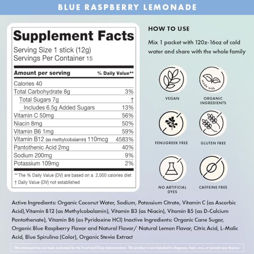 Boobie Hydromom Superfood Electrolyte Drink Mix, Blue Raspberry Lemonade | Refreshing Energy &amp; Hydration Boost for Mamas | On-The-Go &amp; Travel Essentials for Pregnancy, Lactation, &amp; Beyond, 15 Packets