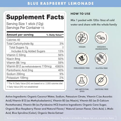 Boobie Hydromom Superfood Electrolyte Drink Mix, Blue Raspberry Lemonade | Refreshing Energy &amp; Hydration Boost for Mamas | On-The-Go &amp; Travel Essentials for Pregnancy, Lactation, &amp; Beyond, 15 Packets