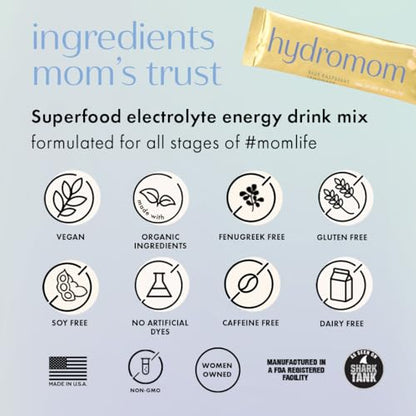 Boobie Hydromom Superfood Electrolyte Drink Mix, Blue Raspberry Lemonade | Refreshing Energy &amp; Hydration Boost for Mamas | On-The-Go &amp; Travel Essentials for Pregnancy, Lactation, &amp; Beyond, 15 Packets