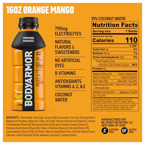 BODYARMOR Sports Drink Sports Beverage, Orange Mango, Coconut Water Hydration, Natural Flavors With Vitamins, Potassium-Packed Electrolytes, Perfect For Athletes, 16 Fl Oz (Pack of 12)