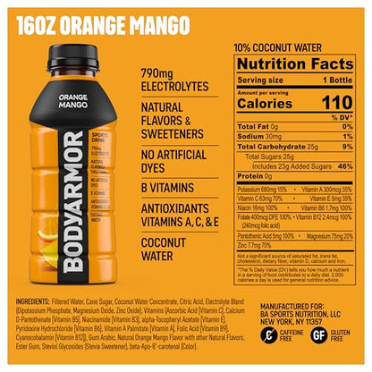 BODYARMOR Sports Drink Sports Beverage, Orange Mango, Coconut Water Hydration, Natural Flavors With Vitamins, Potassium-Packed Electrolytes, Perfect For Athletes, 16 Fl Oz (Pack of 12)
