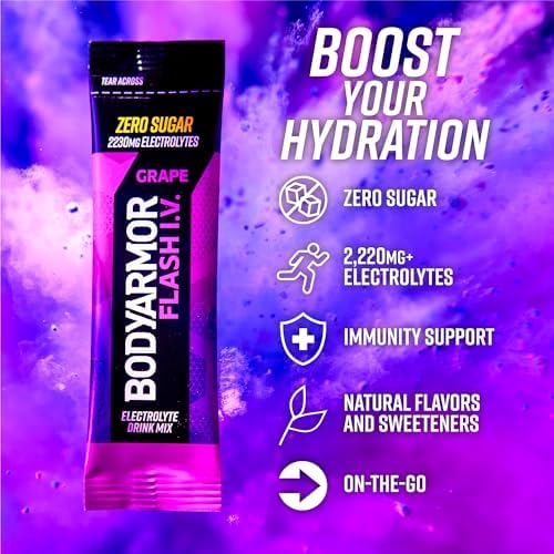 BODYARMOR Flash IV Electrolyte Packets, Strawberry Kiwi - Zero Sugar Drink Mix, Single Serve Packs, Coconut Water Powder (6 Count)
