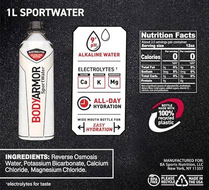 BODYARMOR SportWater Alkaline Water, Superior Hydration, High Alkaline Water pH 9+, Electrolytes, Perfect for your Active Lifestyle, 1 Liter (Pack of 12)