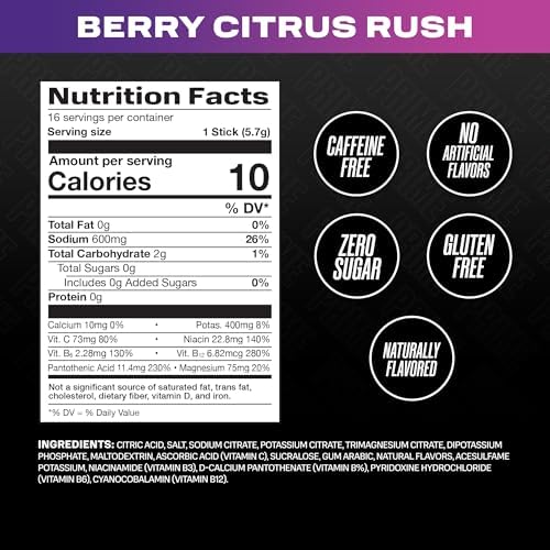 Prime Rapid Rehydration Electrolyte Powder Sticks, Berry Citrus Rush, Sugar Free Hydration Drink Mix with Sodium, Potassium &amp; B Vitamins, Caffeine Free, 16 Count