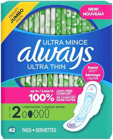 Always Ultra Thin Pads with Wings, Size 2, Long Super, 58 Count