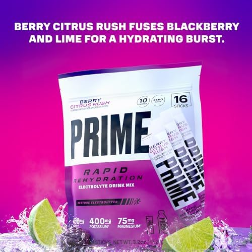 Prime Rapid Rehydration Electrolyte Powder Sticks, Berry Citrus Rush, Sugar Free Hydration Drink Mix with Sodium, Potassium &amp; B Vitamins, Caffeine Free, 16 Count