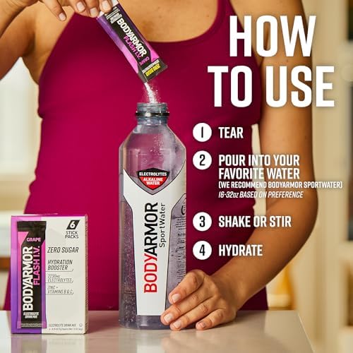 BODYARMOR Flash IV Electrolyte Packets, Strawberry Kiwi - Zero Sugar Drink Mix, Single Serve Packs, Coconut Water Powder (6 Count)