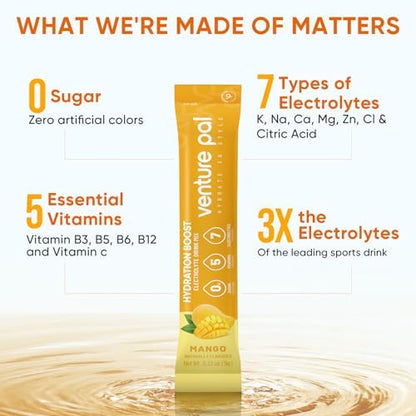 Venture Pal Sugar Free Electrolyte Powder Packets - Liquid Daily IV Hydration Packets | Electrolytes Drink Mix with 5 Vitamins &amp; 7 Electrolytes | Keto Friendly | Non-GMO | Certified Vegan | 16 Sticks