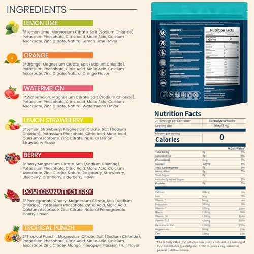 Electrolytes Powder Packets Sugar Free Hydration Packets, 7 Flavors Liquid Daily IV Electrolyte Drink Mixes for Rehydration with Electrolytes, Vitamins, 0 Calorie, 20 Sticks