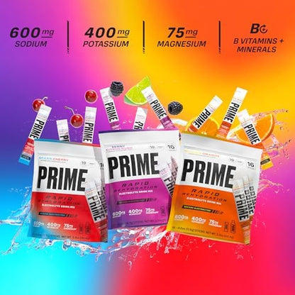 Prime Rapid Rehydration Electrolyte Powder Sticks, Berry Citrus Rush, Sugar Free Hydration Drink Mix with Sodium, Potassium &amp; B Vitamins, Caffeine Free, 16 Count