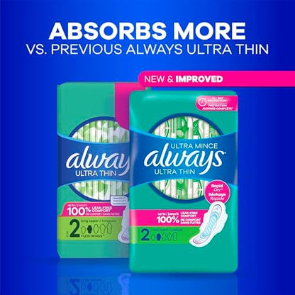 Always Ultra Thin Pads with Wings, Size 2, Long Super, 58 Count