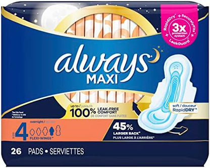 Always Maxi Overnight Pads with Wings for Women, Size 4, Overnight Absorbency, Unscented, 33 Count