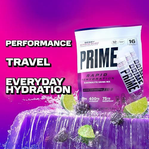 Prime Rapid Rehydration Electrolyte Powder Sticks, Berry Citrus Rush, Sugar Free Hydration Drink Mix with Sodium, Potassium &amp; B Vitamins, Caffeine Free, 16 Count