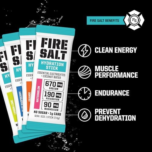 Fire Science Fire Salt Hydration Sticks, Electrolytes &amp; Coconut Water, Hydration Drink Mix with Magnesium, Potassium &amp; Sodium, Zero Sugar, Single Serve On The Go Packs, Variety Pack Flavors, 32 Count