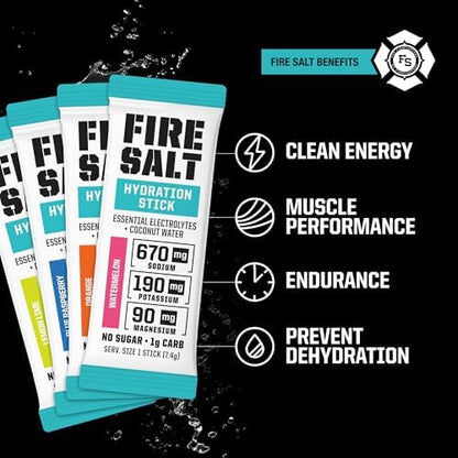 Fire Science Fire Salt Hydration Sticks, Electrolytes &amp; Coconut Water, Hydration Drink Mix with Magnesium, Potassium &amp; Sodium, Zero Sugar, Single Serve On The Go Packs, Variety Pack Flavors, 32 Count