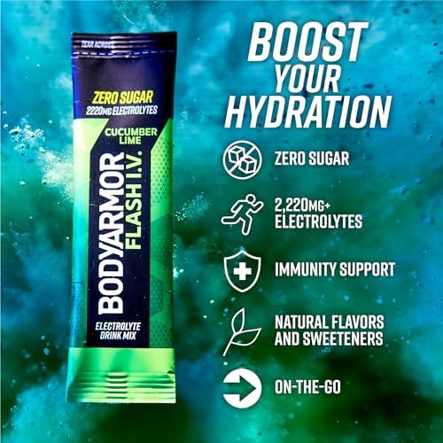 BODYARMOR Flash IV Electrolyte Packets, Strawberry Kiwi - Zero Sugar Drink Mix, Single Serve Packs, Coconut Water Powder (6 Count)