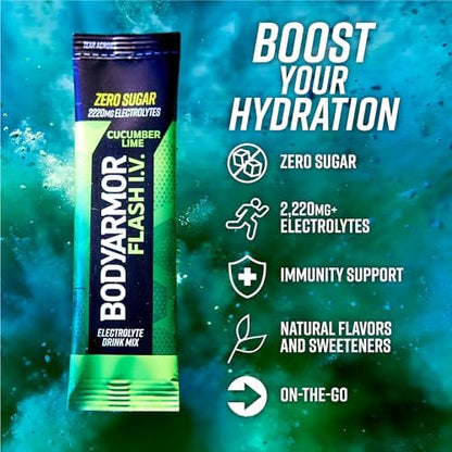 BODYARMOR Flash IV Electrolyte Packets, Strawberry Kiwi - Zero Sugar Drink Mix, Single Serve Packs, Coconut Water Powder (6 Count)