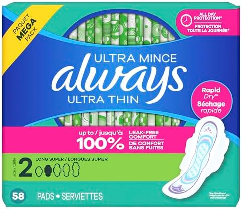 Always Ultra Thin Pads with Wings, Size 2, Long Super, 58 Count
