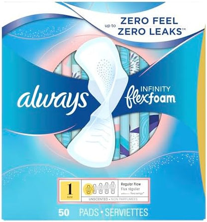 Always Infinity Feminine Pads for Women, Flexfoam Pads with Wings, Size 1, Regular Absorbency, Unscented, 108 Count (3 Packs of 36)