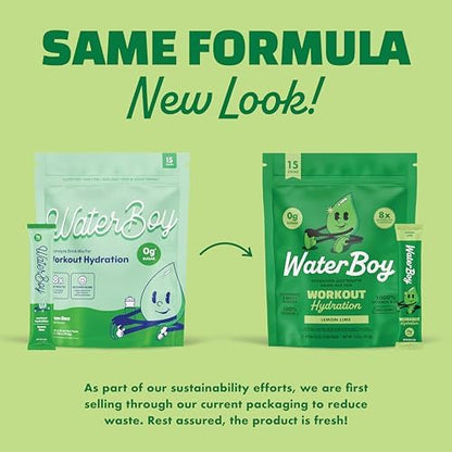 Waterboy Workout Hydration | 2,960mg Sugar Free Electrolyte Powder Packets | L-Glutamine + Vitamins | No Sugar, All Natural, Gluten Free | 15 Drink Stick Mixes (Lemon Lime)