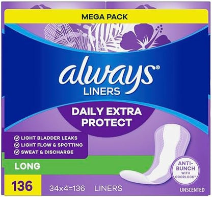 Always Daily Extra Protect Liners, Long Length, Unscented Panty Liners, 108 Count