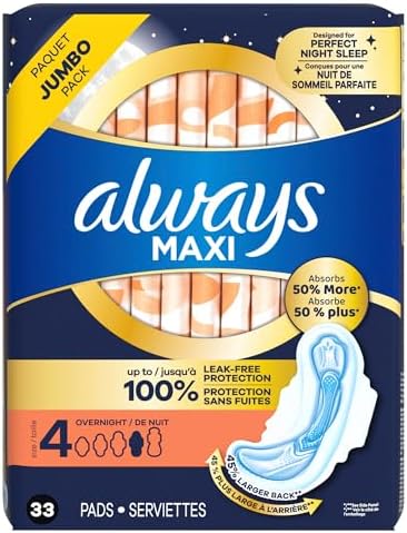 Always Maxi Overnight Pads with Wings for Women, Size 4, Overnight Absorbency, Unscented, 33 Count