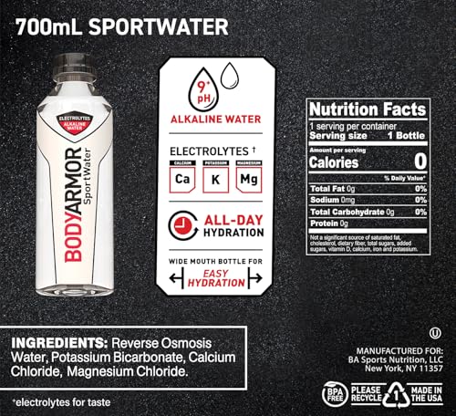 BODYARMOR SportWater Alkaline Water, Superior Hydration, High Alkaline Water pH 9+, Electrolytes, Perfect for your Active Lifestyle, 1 Liter (Pack of 12)
