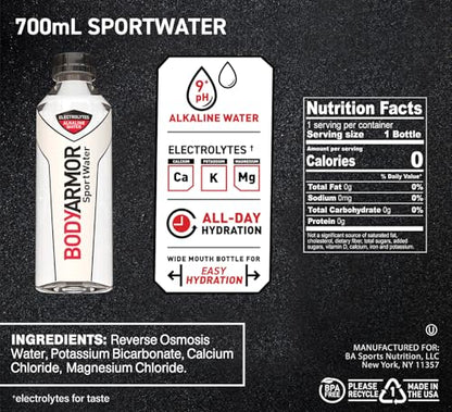 BODYARMOR SportWater Alkaline Water, Superior Hydration, High Alkaline Water pH 9+, Electrolytes, Perfect for your Active Lifestyle, 1 Liter (Pack of 12)