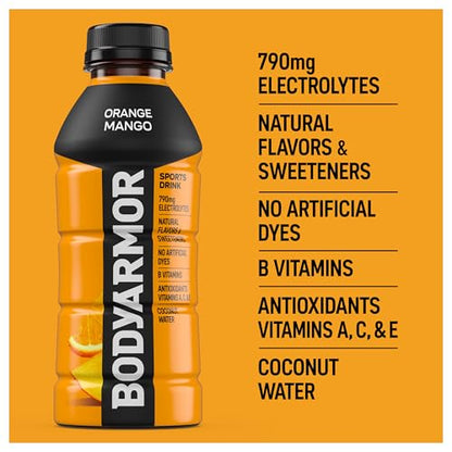 BODYARMOR Sports Drink Sports Beverage, Orange Mango, Coconut Water Hydration, Natural Flavors With Vitamins, Potassium-Packed Electrolytes, Perfect For Athletes, 16 Fl Oz (Pack of 12)