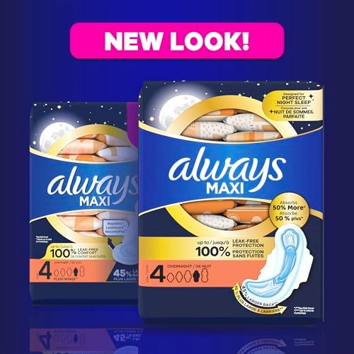 Always Maxi Overnight Pads with Wings for Women, Size 4, Overnight Absorbency, Unscented, 33 Count