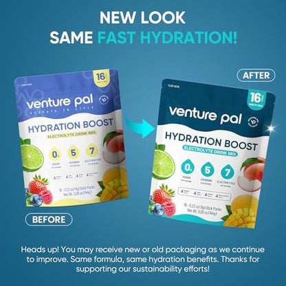 Venture Pal Sugar Free Electrolyte Powder Packets - Liquid Daily IV Hydration Packets | Electrolytes Drink Mix with 5 Vitamins &amp; 7 Electrolytes | Keto Friendly | Non-GMO | Certified Vegan | 16 Sticks
