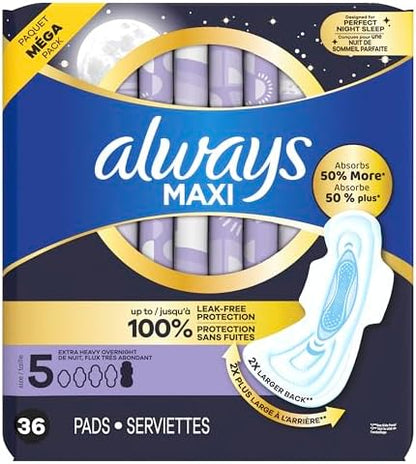 Always Maxi Overnight Pads with Wings for Women, Size 4, Overnight Absorbency, Unscented, 33 Count
