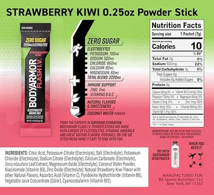 BODYARMOR Flash IV Electrolyte Packets, Strawberry Kiwi - Zero Sugar Drink Mix, Single Serve Packs, Coconut Water Powder (6 Count)