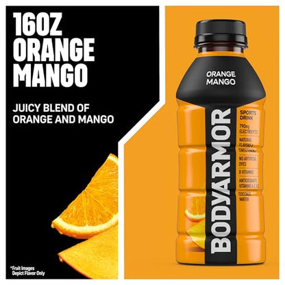 BODYARMOR Sports Drink Sports Beverage, Orange Mango, Coconut Water Hydration, Natural Flavors With Vitamins, Potassium-Packed Electrolytes, Perfect For Athletes, 16 Fl Oz (Pack of 12)