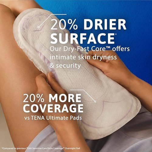 TENA Sensitive Care Incontinence Pads, Bladder Control, Postpartum for Women, Overnight Absorbency, Extra Coverage, 90 Count
