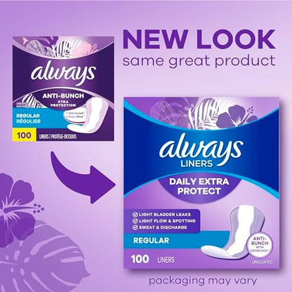 Always Daily Extra Protect Liners, Long Length, Unscented Panty Liners, 108 Count