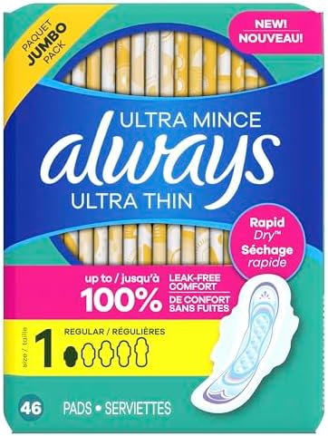 Always Ultra Thin Pads with Wings, Size 1, Regular, 46 Count