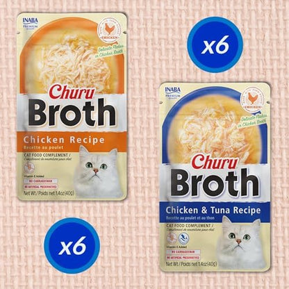 INABA Churu Broth for Cats Senior 10+, Side Dish Pouch, 1.4 Ounces per Pouch, 12 Pouches Total, Chicken &amp; Tuna Recipe