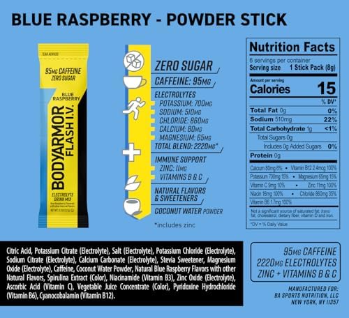 BODYARMOR Flash IV Electrolyte Packets, Strawberry Kiwi - Zero Sugar Drink Mix, Single Serve Packs, Coconut Water Powder (6 Count)