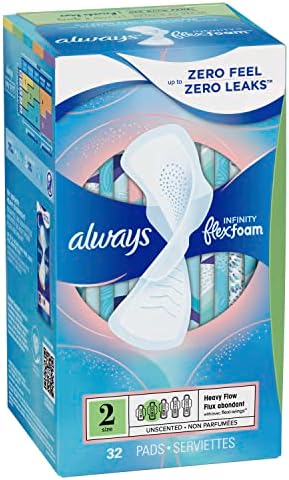 Always Infinity Feminine Pads for Women, Flexfoam Pads with Wings, Size 2, Heavy Absorbency, Unscented, 46 Count